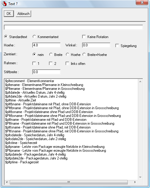 BAE Version 7.6: Schaltplaneditor - Dialog "Neuer Text" mit Eingabeelementen für Texteigenschaften